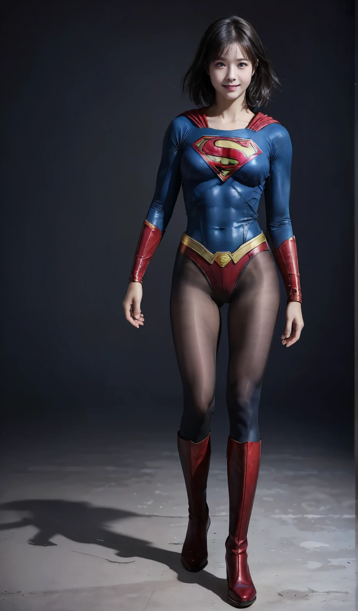 No background、(((Beautiful legs in black tights.)))、(((Legally Express the Beauty of Your Smile)))、((((Make the most of your original images)))、((( Supergirl Costume)))、(((Beautiful short bob hair)))、(((suffering)))、(((Please wear black tights....、Wear red boots)))、((Highest quality、8k))、((Best Quality、8k、masterpiece:1.3))、(((Save Background )))、Sharp focus:1.2、  Beautiful Woman with Perfect Figure :1.4、Thin abdominal muscles:1.2、Wet body:1.5、 highly detailed face and skin textures、8k