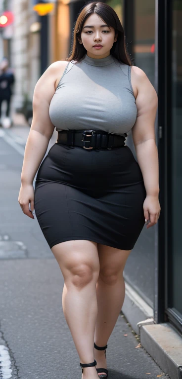 ((Best quality)), ((masterpiece)), (detailed), malay woman, Perfect face,  An arafe woman walking down the street in a black suit, Slimy,  She has a shaky, fat, round belly , Fat bo-chan ,  wearing tight, simple clothes ,  slim waist and thick hips , 가장 Wide hips, Her belly is fat and round., soft curved shape,  hyperrealistic full body , Wearing a gamis , Wide hips