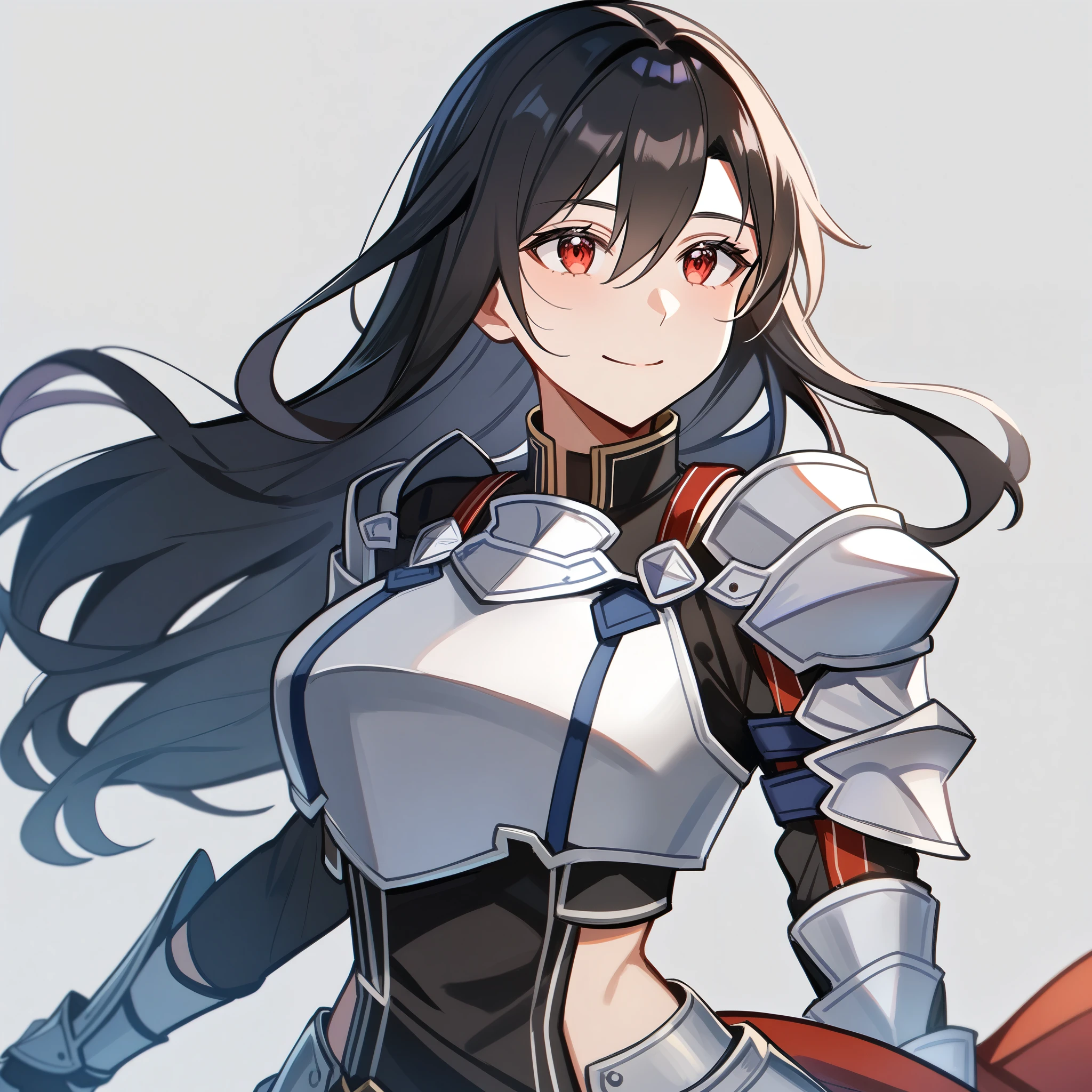 (high-quality, breathtaking),(expressive eyes, perfect face) 1girl, female, solo, Sword Art Online, mature, half open eyes, Alicization, Symmetrical Eyes, simple background, gentle smile, long hair, fantasy outfit, SAO inspired, metTif, armor, chest plate, sword art online outfit, cowboy shot, medium full shot, black hair, bangs, alluring red eyes, large breasts, knight, Armored Boots, Thigh-high Heeled Boots, Armored Gauntlets, battle Skirt, black white and red palette, hair between eyes, fluffy wavy hair, half open eyes
