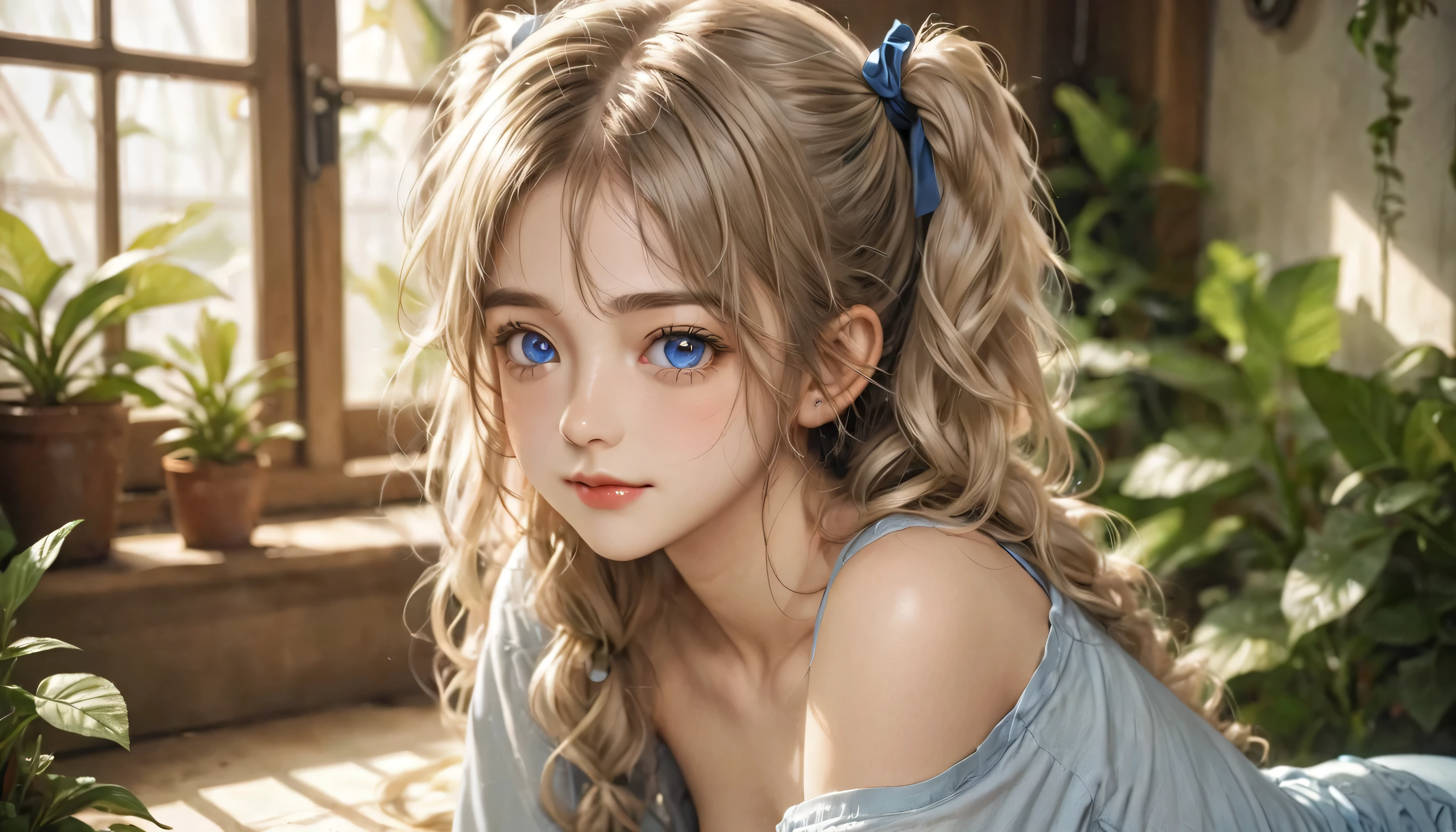 bright look、photorealism、highest quality、超A high resolution、photograph、スカンジナビアから来たとても美しい女の子のphotograph、extraordinary beautiful girl、cute and beautiful face details、(face to face with the children_v1:0.008)、beautiful bangs、alice in wonderland、18-year-old、radiant white skin、facial hair、Bangs that extend to the face、bangs between eyes、super long hair、Silky straight super long hair with an attractive pale platinum blonde color.、thin hair、Attractive and shining beautiful bright and clear light blue big eyes、white apron、yellow dress、eyeliner、double eyelid、rich bust、random sexy pose、goblin