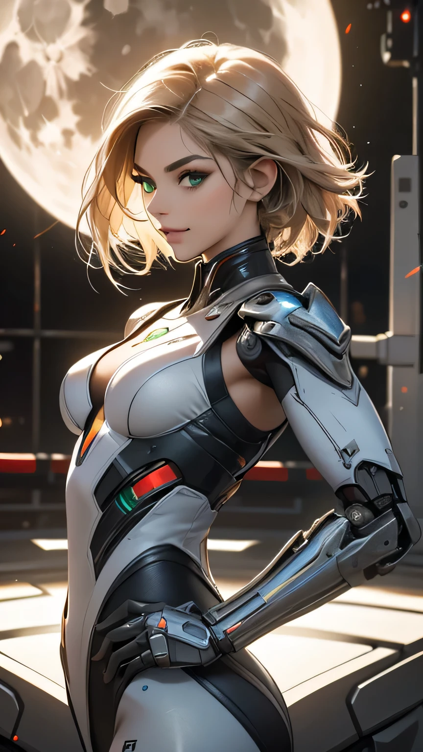 MercyOver, 1girl, mercy (overwatch), mechanical halo, solo, blonde hair, blue eyes, halo, breasts, bodysuit, holding, lips, looking at viewer, medium breasts, good butt, nose, high ponytail, ponytail, light particles, glitter, fantasy backgrounds, standing, upper body portrait, looking at the viewer, from back