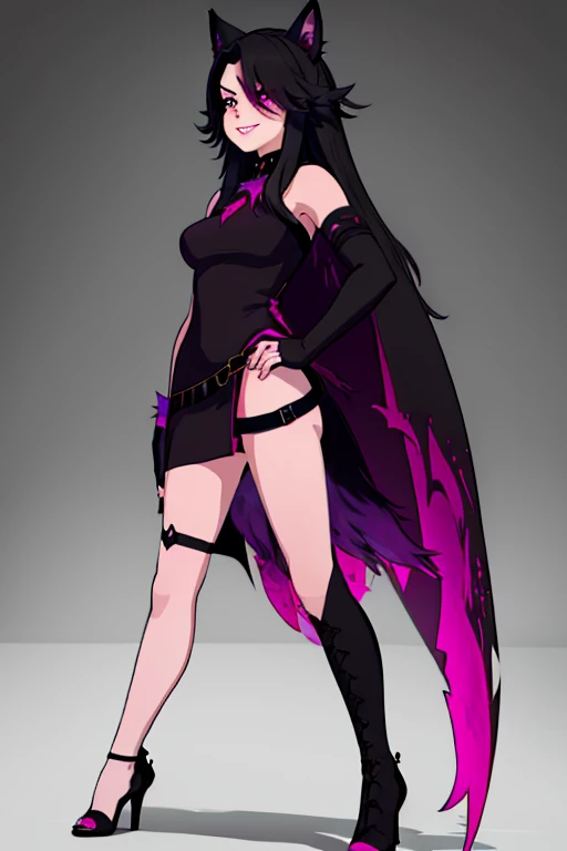 female, black long hair with magenta highlights, silver eyes, black wolf ears, black wolf tail, (((1girl))), (((black and magenta dress))), (black fingerless opera gloves), (black stockings), (black heels), cute and sexy, full body, big breasts, long legs, smiling