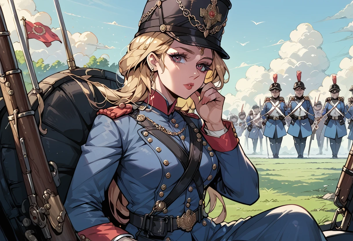 A woman, smooth skin,  white skin, big eyes, long eyelashes , small torso, Wide hips, ( The best quality ),  masterpiece, blonde hair, Milf, mature woman, (Early Modern Soldier ) , ( she's wearing a military general's uniform), (She is wearing a bicorn hat), (ultra high Bloom), (High quality Shaders), (shadows), (Ultra shadow quality), (She is sitting,), portrait