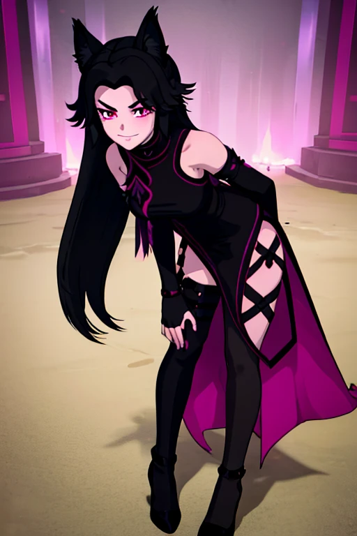 female, black long hair with magenta highlights, silver eyes, black wolf ears, black wolf tail, (((1girl))), (((black and magenta dress))), (black fingerless opera gloves), (black stockings), (black heels), cute and sexy, full body, big breasts, long legs, smiling