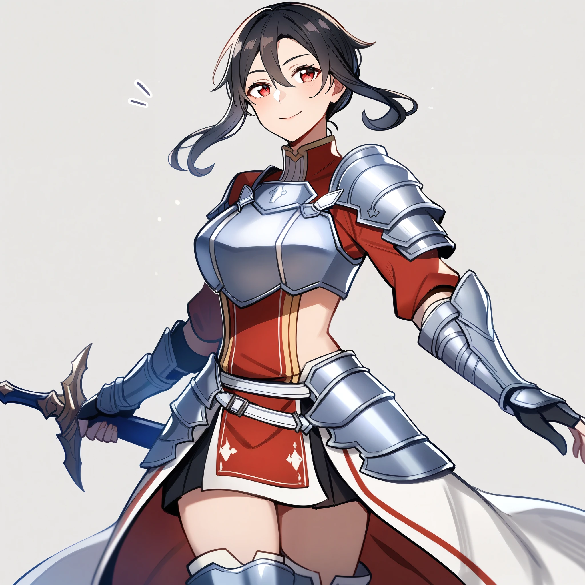 (high-quality, breathtaking),(expressive eyes, perfect face) 1girl, female, solo, Sword Art Online, mature, half open eyes, Alicization, Symmetrical Eyes, simple background, gentle smile, short hair, fantasy outfit, SAO inspired, metTif, armor, chest plate, sword art online outfit, cowboy shot, medium full shot, black hair, bangs, alluring red eyes, large breasts, knight, Armored Boots, Thigh-high Heeled Boots, Armored Gauntlets, battle Skirt, black white and red palette, hair between eyes, pigtails, fluffy wavy hair,