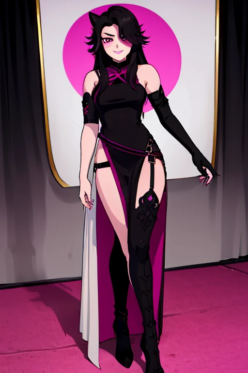 female, black long hair with magenta highlights, silver eyes, black wolf ears, black wolf tail, (((1girl))), (((black and magenta dress))), (black fingerless opera gloves), (black stockings), (black heels), cute and sexy, full body, big breasts, long legs, smiling