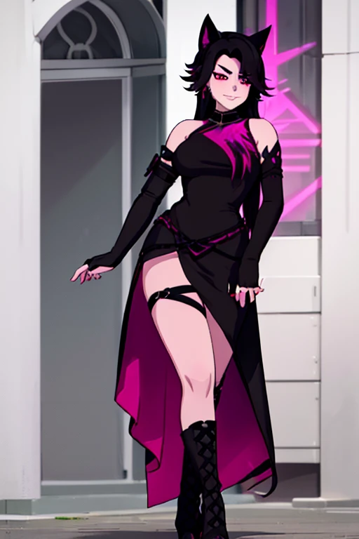 female, black long hair with magenta highlights, silver eyes, black wolf ears, black wolf tail, (((1girl))), (((black and magenta dress))), (black fingerless opera gloves), (black stockings), (black heels), cute and sexy, full body, big breasts, long legs, smiling