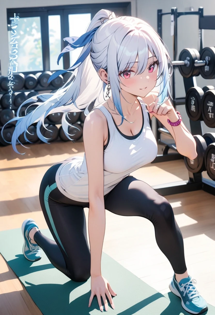 Silver Hair、blue eyes、girl、Small breasts、Twin tails、girl、Small breasts、Lolita、Bright smile、Looks about 15 years old、Petan Musume、He is short、Eye highlights、Sexy thighs、Wearing gym clothes、Sweating