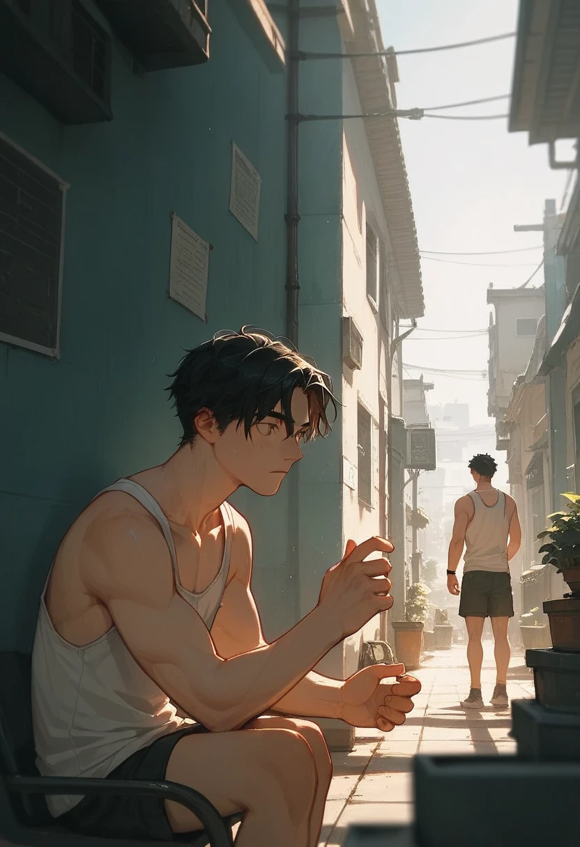  male、二人のmale、high 、Tank tops、Run with two people、Summer sunlight、Black Hair、