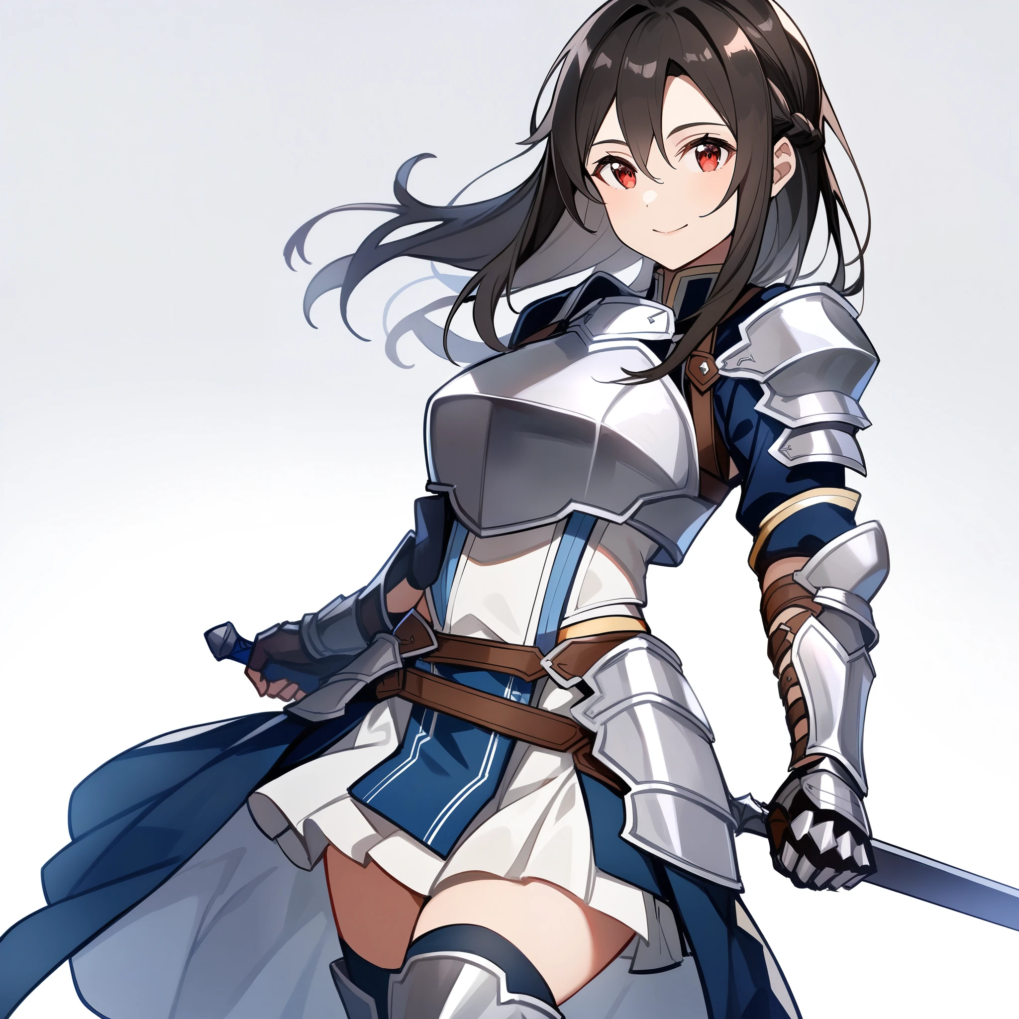 (high-quality, breathtaking),(expressive eyes, perfect face) 1girl, female, solo, Sword Art Online, mature, half open eyes, Alicization, Symmetrical Eyes, simple background, gentle smile, medium hair, fantasy outfit, SAO inspired, metTif,, armor, chest plate, sword art online outfit, cowboy shot, medium full shot, black hair, bangs, alluring red eyes, large breasts, knight attire, Armored Boots, Thigh-high Heeled Boots, Armored Gauntlets, battle Skirt, black white and red palette, hair between eyes, pigtails,