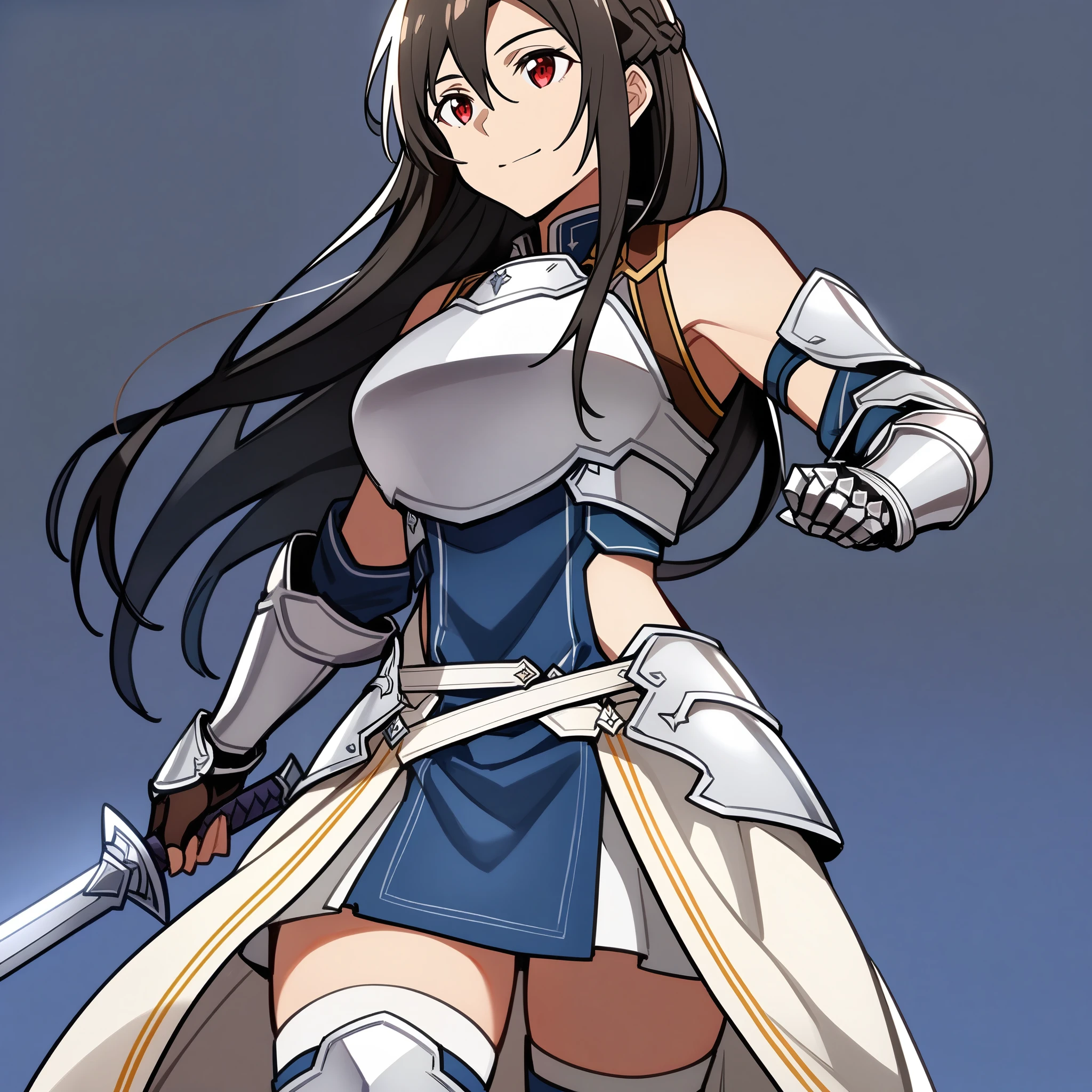 (high-quality, breathtaking),(expressive eyes, perfect face) 1girl, female, solo, Sword Art Online, mature, half open eyes, Alicization, Symmetrical Eyes, simple background, gentle smile, long hair, fantasy outfit, SAO inspired, metTif,, armor, chest plate, sword art online outfit, cowboy shot, medium full shot, black hair, bangs, alluring red eyes, large breasts, knight attire, Bicep-high Gauntlets, Armored Boots, Thigh-high Heeled Boots, Armored Gauntlets, Adventurer gear, battle Skirt, black white and red palette, hair between eyes
