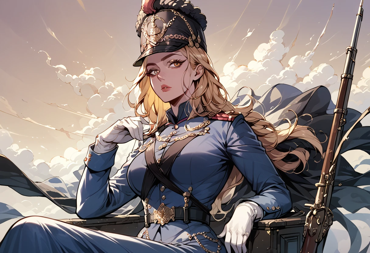 A woman, smooth skin,  white skin, big eyes, long eyelashes , small torso, Wide hips, ( The best quality ),  masterpiece, blonde hair, Milf, mature woman, (Early Modern Soldier ) , ( she's wearing a military general's uniform), (She is wearing a bicorn hat), (ultra high Bloom), (High quality Shaders), (shadows), (Ultra shadow quality), (She is sitting,), portrait