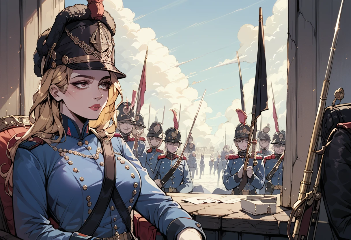 A woman, smooth skin,  white skin, big eyes, long eyelashes , small torso, Wide hips, ( The best quality ),  masterpiece, blonde hair, Milf, mature woman, (Early Modern Soldier ) , ( she's wearing a military general's uniform), (She is wearing a bicorn hat), (ultra high Bloom), (High quality Shaders), (shadows), (Ultra shadow quality), (She is sitting,), portrait