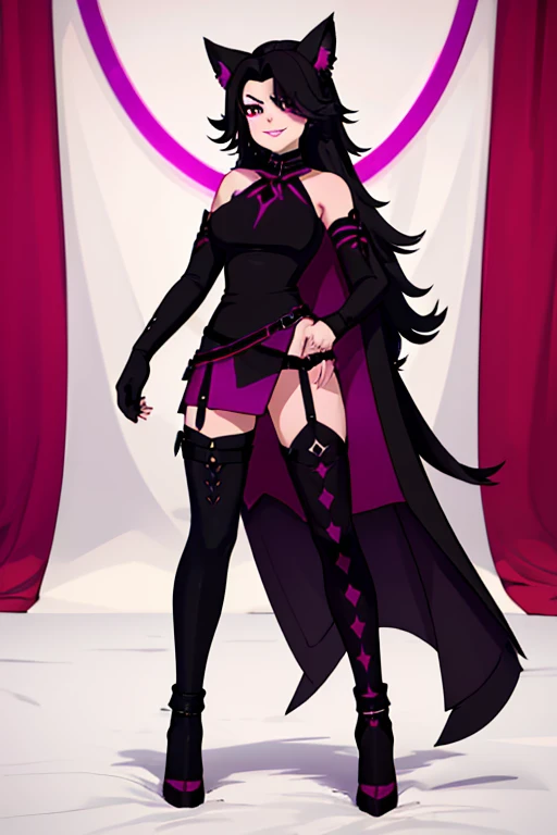 female, black long hair with magenta highlights, silver eyes, black wolf ears, black wolf tail, (((1girl))), (((black and magenta dress))), (black fingerless opera gloves), (black stockings), (black heels), cute and sexy, full body, big breasts, long legs, smiling