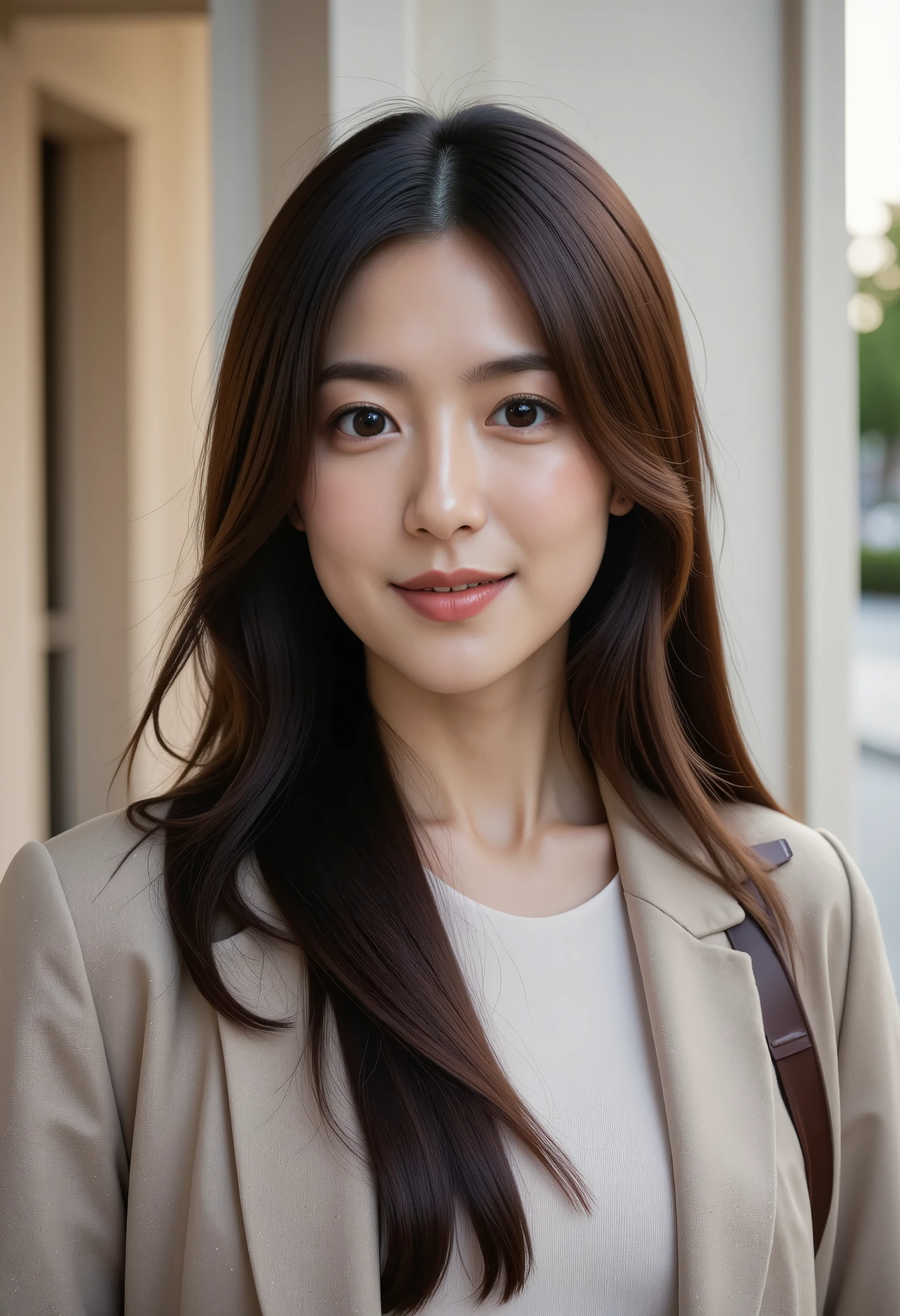 a young east-asian woman,beautful strait hair,thined out hair,fashion photography,with (long hair),standing straight,slight smile,left hand holding purse,right hand relaxed,(natural skin texture,hyperrealism,soft light,sharp:1.2)  young adult East Asian joyful,shot on Leica M10 with LEICA 35mm f-2 SUMMICRON-M ASPH 