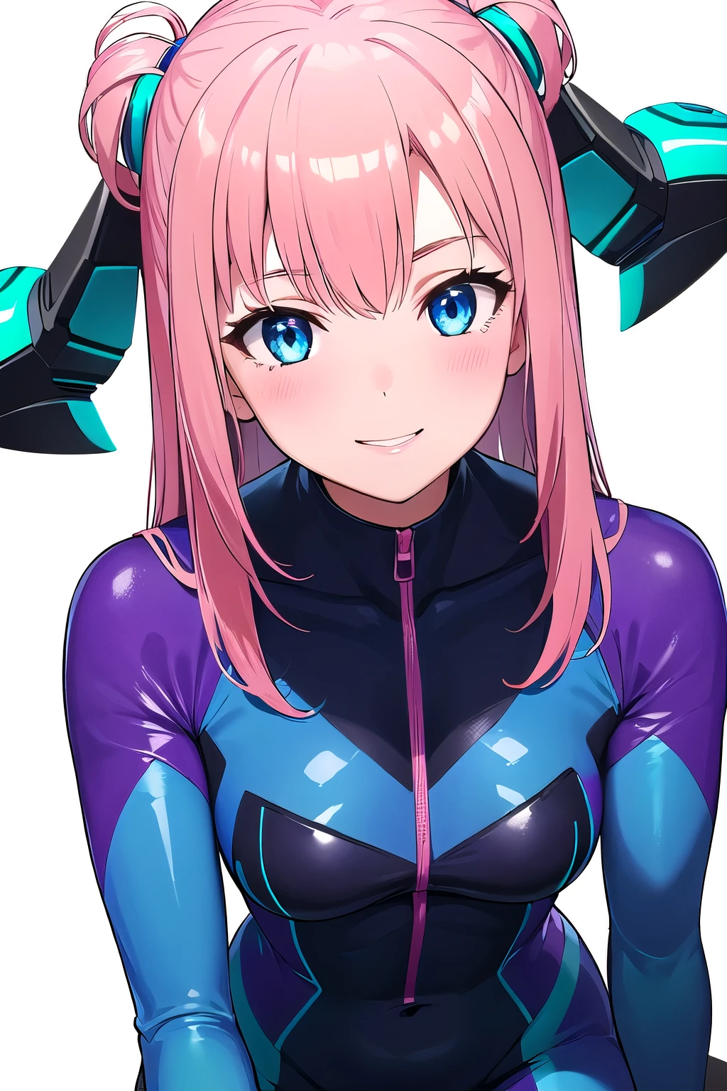 girl,short pink hair,pink eyes, pink killer outf it,open cleavage,smile,m asterpiece,high quality
