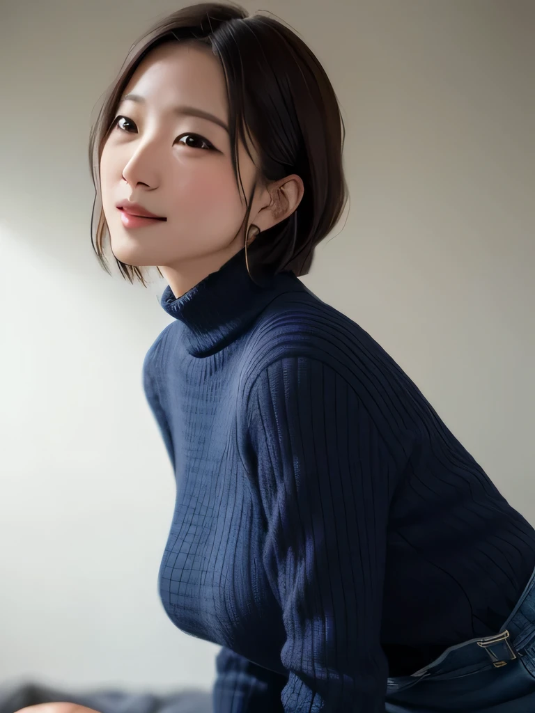 Japan woman in turtleneck sweater、
(((​masterpiece))), ((top-quality)), ((intricate detailes)), (((hyper realisitic)), Absurd resolution, Near and far law, ighly detailed, Realistic, 1girl in, ((Colossal )), perfect hand, Detailed finger, beatiful detailed eyes, shorth hair, Brown-eyed,(turtle neck:1.2), tight skirts, Detailed background, a choker, perfect  eyes, mesmerizing eyes, Look at viewers, from the front side、A smile、Mole on the mouth、Blue knitted dress、(((all-fours))),((amazing sapraizz)), ((dynamic production)), ()cinematic lighting)), ((extremely fine and beautiful colors)), ((extremely beautiful and fain design)), ((erotic )),((immoral)),((nsfw )),((milf ))