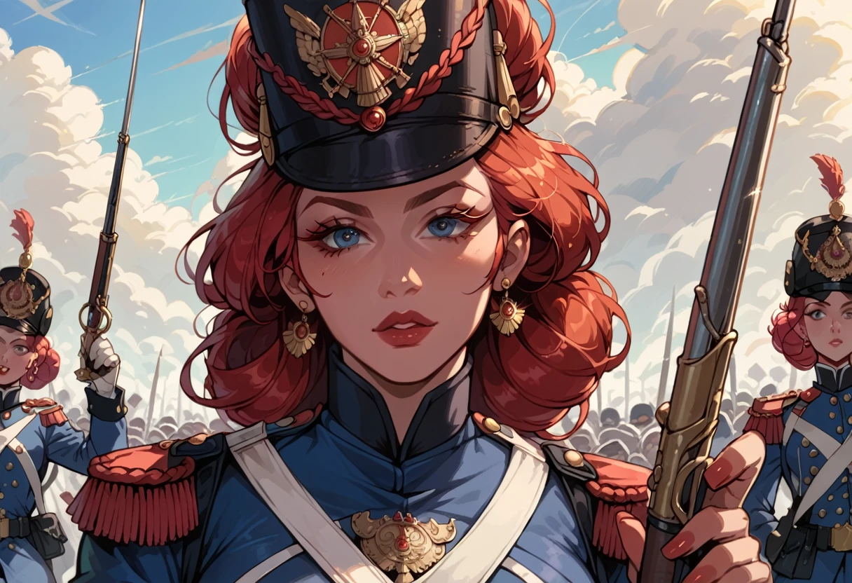 A woman, smooth skin,  white skin, big eyes, long eyelashes, Wide hips, thick thighs , ( The best quality ),  masterpiece, crimson red hair , Milf, mature woman, (Early Modern Soldier ) , ( she's wearing a military general's uniform), (She is wearing a bicorn hat), (ultra high Bloom), (High quality Shaders), (shadows), (Ultra shadow quality), portrait