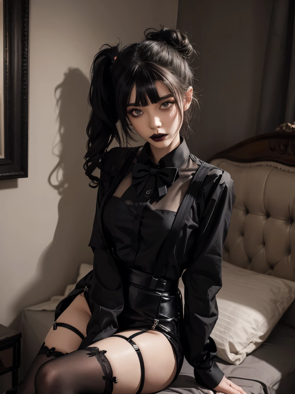 1girl, woman, goth, wavy hair with bangs, black hair, black lips, black lipstick, eyeliner, msacara, eye shadow, mirror selfie, tshirt, bedroom, goth girl, pale skin, sitting, goth makeup, dark eyes, smoky eyes, panties, full body, fishnets, photorealistic, short hair