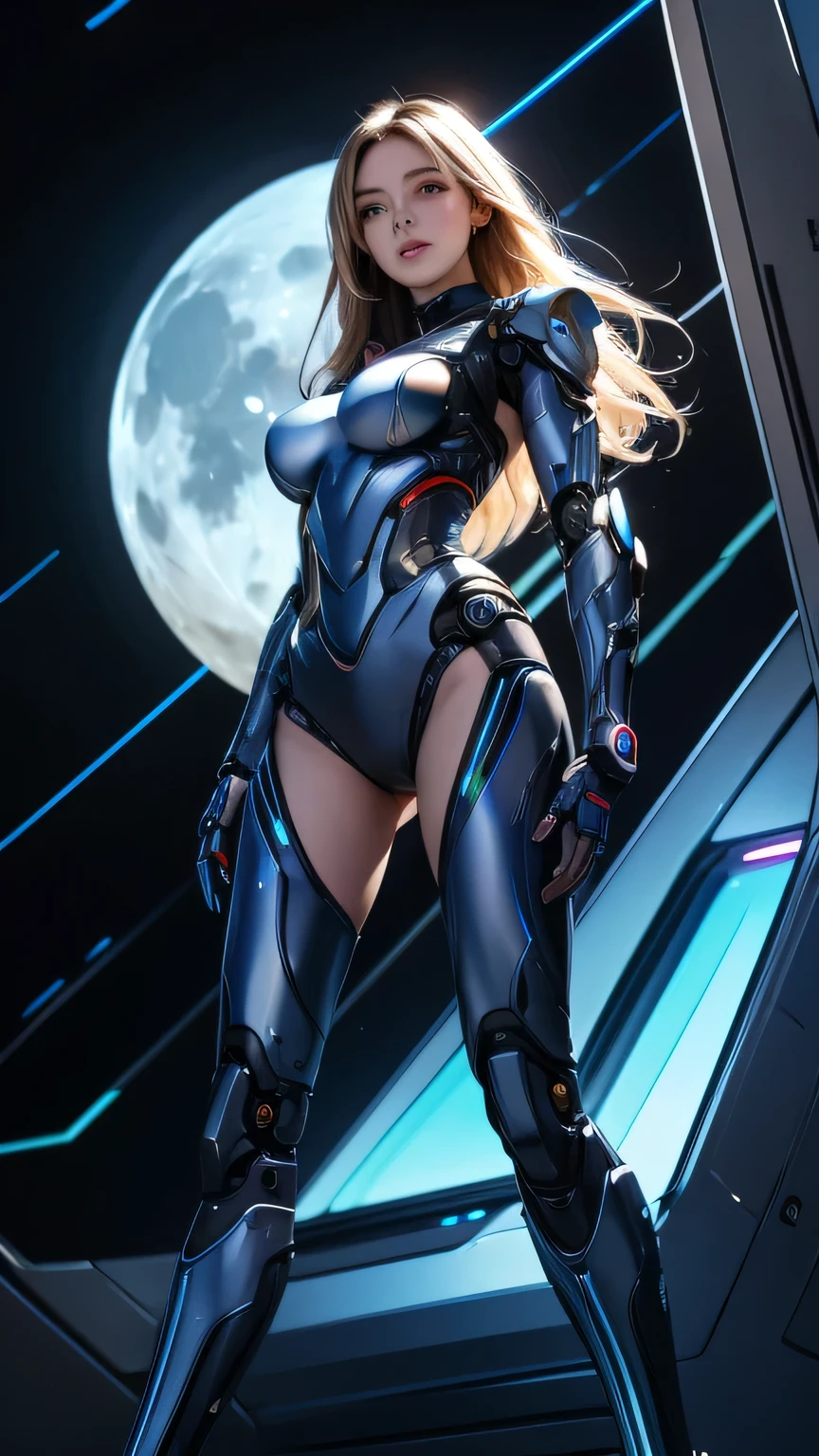 samus aran, Blondie, ponytail, extremely delicate and beautiful girl, intricate detail, Depth of field bloom, extremely fine and beautiful, Full body shoot, ((whole body)), ((The girl in the center of the frame)), focus on eyes, head_tilt, ((beautiful detailed fullbody)), Small breast, bangs, shiny hair, Authentic and detailed face, smile, complex details beautiful and delicate eyes, parted_lips, human hands, cleavage, navel, zettai_ryouiki, blue eyes, looking at viewer, (shiny blue underwear), no_bra, shiny, blue_thighhighs, high_heels, see-through, cleavage_cutout, thigh_gap, night, standing, shiny, ((letterboxed)), ((Very detailed CG unified 8k wallpaper)), ((ultra detailed)), ((very fine 8KCG wallpapers)), Space station, space, futuristic, stars, red moon, panties, garter belt, blue lace