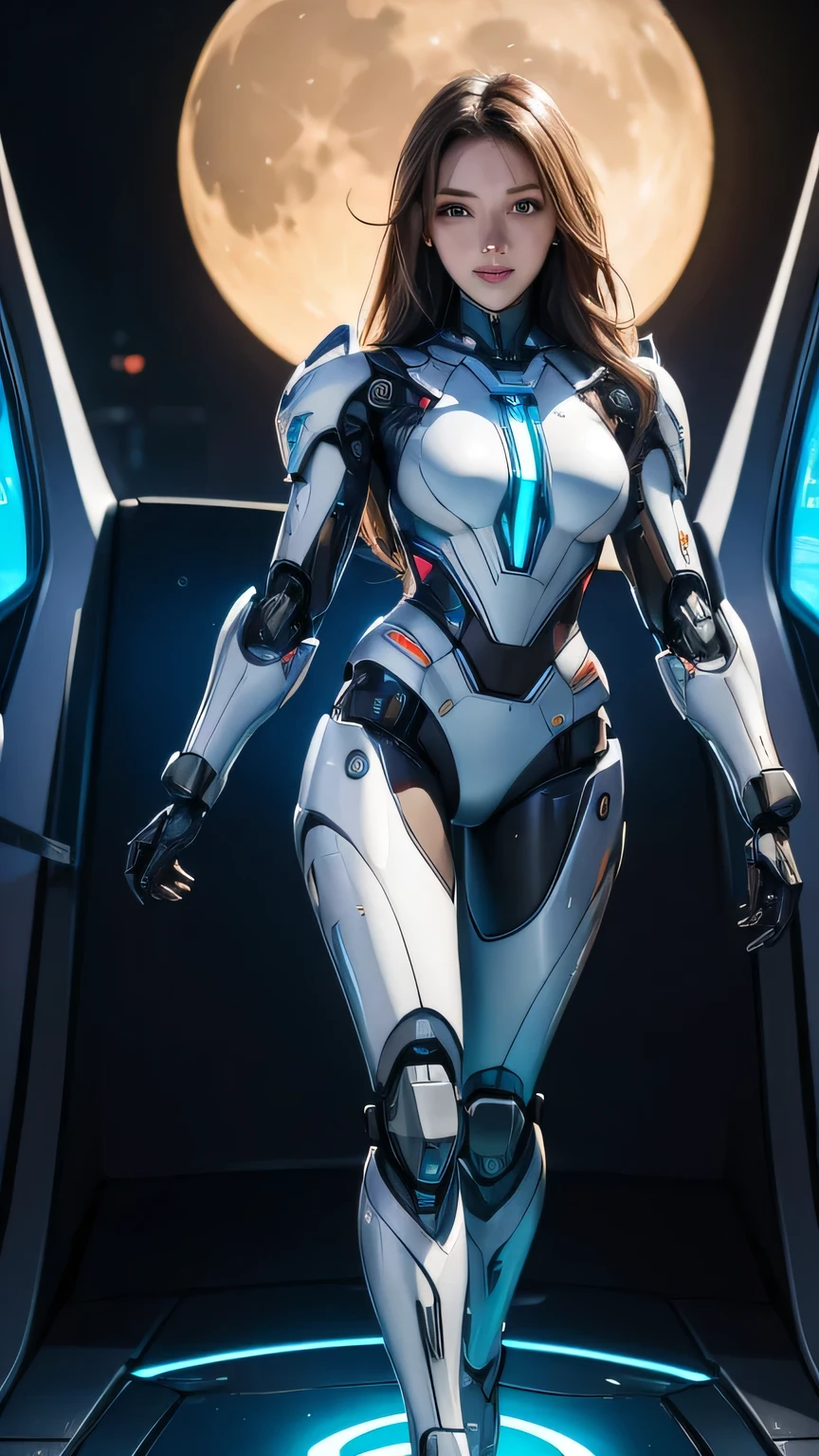 ((Highest quality)), ((masterpiece)), 8K quality, (detailed), High Resolution Skins:1.3, Realistic skin texture, full body, slim figure, (smile), close mouth, Natural Makeup, fluffy long hair, Messy Hair, Looking at Viewer, (Upper body from thighs up), sharp focus, Bust B cup, Beautiful eyes in every detail, realistic eyes and face details, depth of field, View from the front, platinum blonde hair, green eyes, (A woman in a white robot suit poses in a spaceship with big window), running pose, (the Moon is visible from the spaceship window), Hair blowing in the wind, (The robot suit has LED indicators and meters), the mechanical parts and big robot are visible, woman has cybernetic enhancements, glowing neon lines, neon lights, Advanced technology, High-tech products, Beautiful half-Caucasian cyborg girl, cute Cyborg Girl, Beautiful Cyborg Girl, Perfect Robot Girl, Cyborg Girl, Young cyborg woman, beautiful Female Robot, Beautiful robot woman, Cyborg Girl, Perfect cyborg woman, Porcelain Cyborg, Female Robot, Beautiful Cyborg Images, (full body Mecha cyber armor), A female android combatant from the future, dramatic lighting, Color holographic projection, Reflective surface,