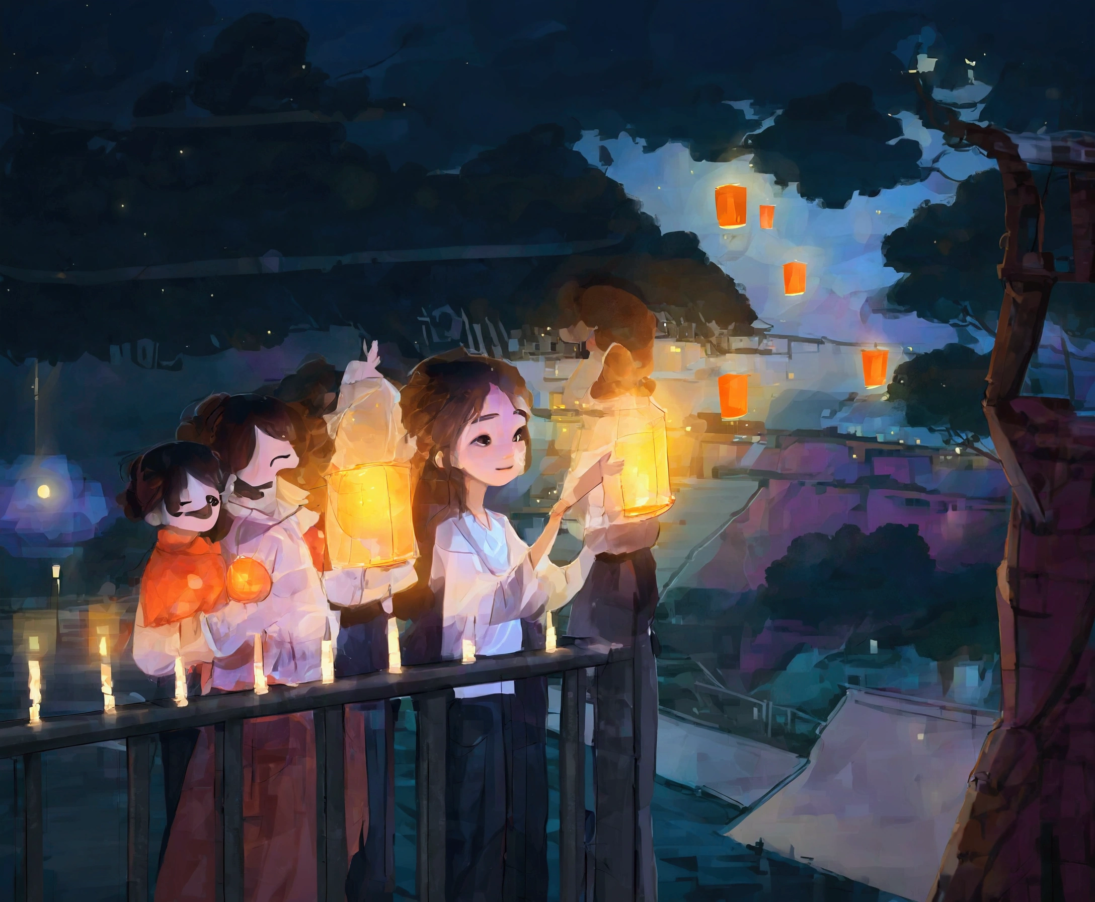 there are two people standing on a balcony holding lanterns,0full color illustration, fanart, evening lanterns, Rough texture，Hand-drawn style, Double the goodness,slope,slope background,Grass, night theme