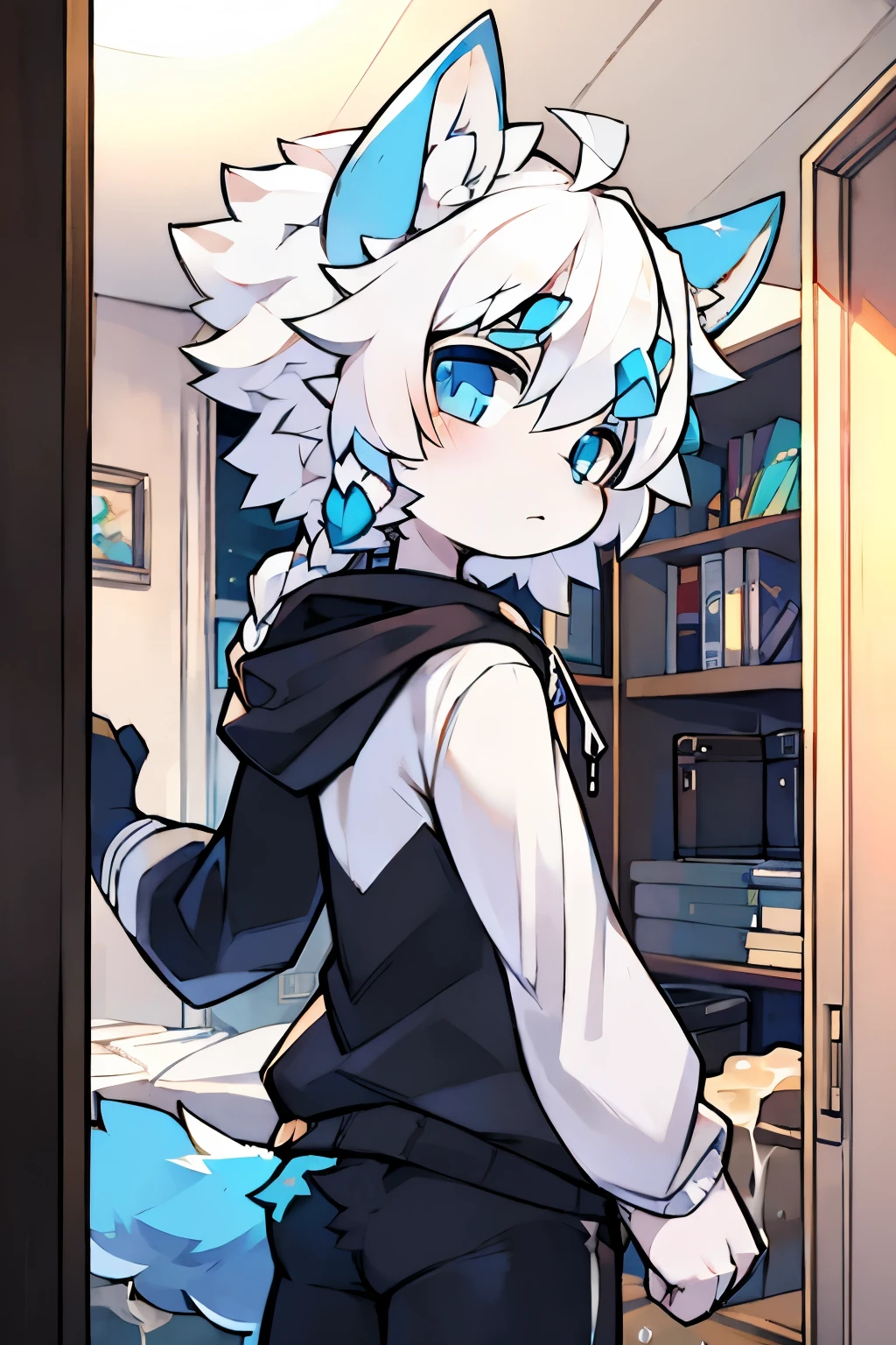 male, short, wolf ears, changed white goo beast, hoodie, blue eyes, fluffy and messy hair, braid in front, parted hair, in a apartment, white hair, tail in back