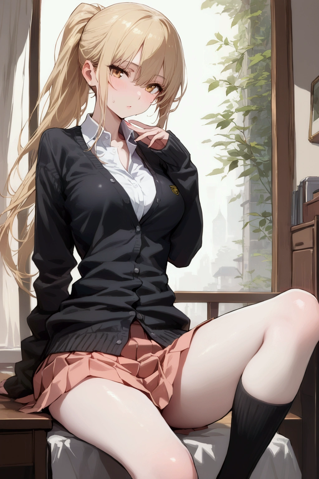 (((masterpiece))),(((best quality))),((ultra-detailed)),(illustration),((an extremely delicate and beautiful)),(detailed background), clothed, looking at viewer, (long hair,ponytail),blonde hair, blonde eyes, ((((midium breasts)))), pale skin,shiny skin, ((She wears school uniform, collared shirt,white shirt,Three-quarter length shirt, black cardigan,Three-quarter length cardigan, miniskirt,pink pleated skirt, black calf socks)),
