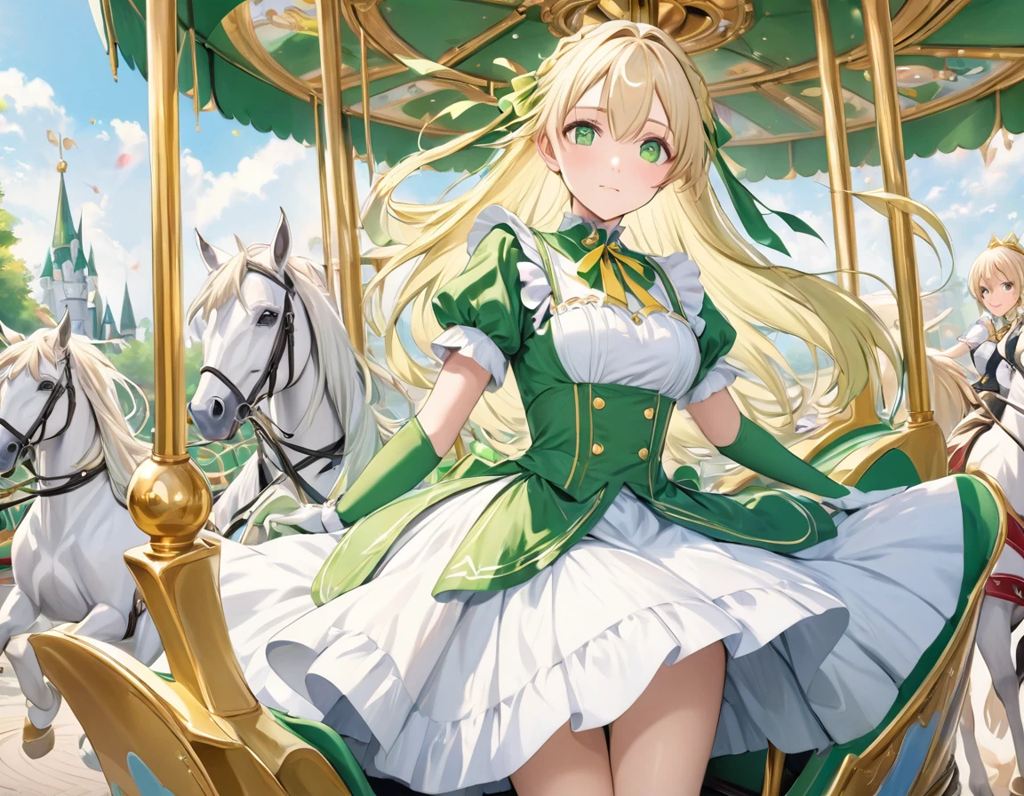 、Brown maid outfit,Strap Pumps,Low heels,One Girl, Alone,amusement park,((Spin and ride the merry-go-round ,I'm riding in a horse-drawn carriage that's spinning so much ))Unity 8K Wallpapers、32K、masterpiece、 very detailed、Ultra-high resolution、 very detailedな顔、RAW Photos、professional、Ultra-fine painting、Magical Fairy Swordsman Leafa、Blonde Long Hair、White hair ribbon、green eyes、Green magical girl costume、Blonde ponytail、White hair ribbon、Yellow ribbon with a large emerald brooch、White pleated skirt with green lines、Green and yellow long gloves、 green thigh-high stiletto heel boots with gold molding、