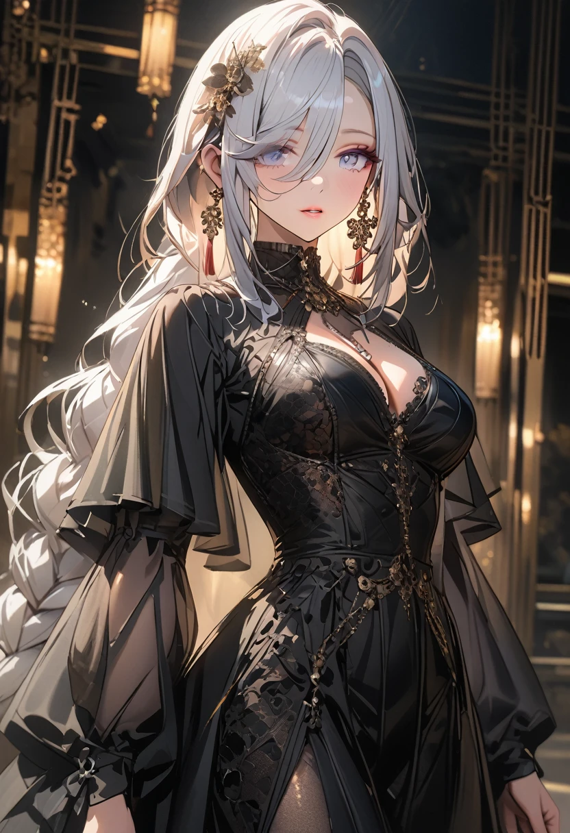  masterpiece, high quality, illustration, extremely detailed, cg unity 8k, 1_women, (upper body), (Caucasian skin_complexion:1.4),mature, statuesque, tall, beautiful, exotic, facing_away, ((eyes_looking_away) from viewer), (arms crossed), large breasts, shocked expression, angry face, nsfw, chest window, ((cleavage)), and halter dress, black ((diaphanous sparkling dress)) with gold trim, crown, black knee_high boots, ((white embroidery elbow gloves)), long white hair, realistic and detailed face having (yellow eyes), ((dark_eyeliner)), long_eyelashes), natural dynamic lighting casts detailed shadows, marble room, (roman style background), marble columns,
