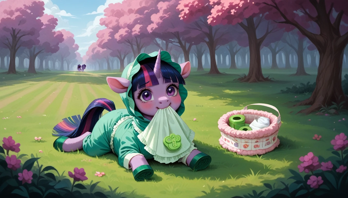 pony, Unicorn, purple wool, dark blue mane with purple streak and pink streak, the tail is dark blue with a purple strand and a pink strand, purple eyes, sitting outside, adult filly, wearing a green onesie and green booties, green pacifier in mouth, solo, thick diaper under clothes.