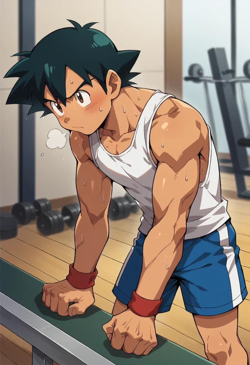 1boy, 1solo, ash ketchum, black hair, brown eyes, hair between eyes, ash ketchum, in a gym, tank top, shirtless, shorts, handsome boy, macho, good looking boy, muscular boy, athletic boy, he's working out, push ups, sweat skin 