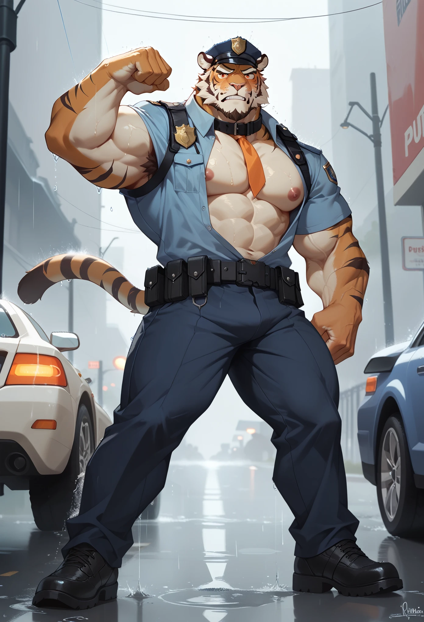 Best quality, masterpiece,ultra high res,detailed background,realistic, real shadow and light,depth of field, looking at the viewer, strong arm and veins, Close up, there is a man with tiger ears, that is standing at police station , commission for high res, bare chest, unbutton shirt, anthropomorphic, muscular chest, highly detailed full body, strong and imposing, detailed full body, muscular character, extra detailed body, macho pose, body detailed, (looking form beside), wet body, sweaty, short gray hair, beard, Ranger uniform, huge crotch, light brown Ranger, show armpit, body hair, angry face, red eyes, standing in front of police station. Khaki Pants, Police equipments, bare chest, male nipples, older, elder, beard, erected, erection under his pants, embarrassed, electric collar, black groves, police station, police car, raining, rainfall, heavy rain, rain cloud.