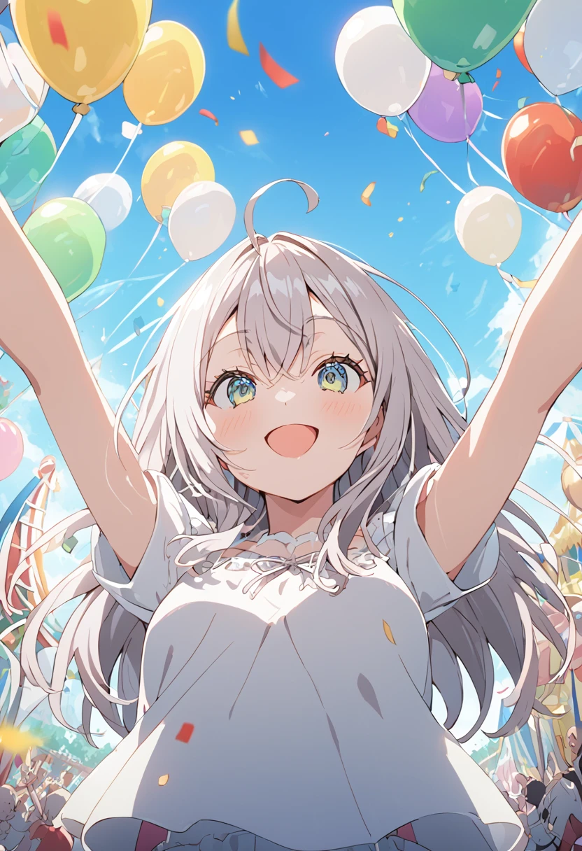 Expand your arms and welcome your audience,big smile,alisa mikhailovna kujou,amusement park, cel shading,from below,Confetti,balloon