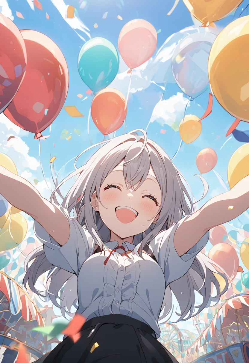 Expand your arms and welcome your audience,big smile,alisa mikhailovna kujou,amusement park, cel shading,from below,Confetti,balloon