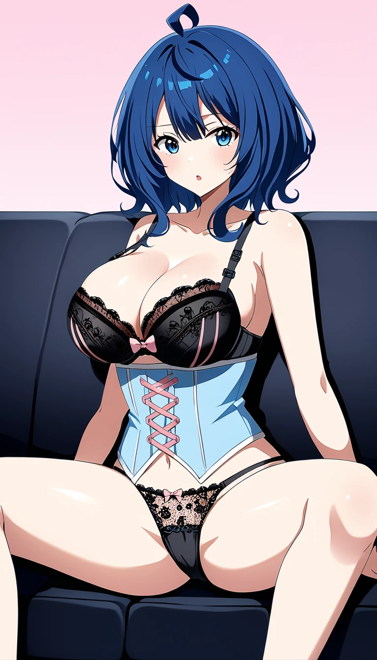 Score_9, Score_8_up, Score_7_up, source_anime, annayanami, annayanami, medium hair, blue eyes, ahoge, blue hair, large breasts, bra, black bra, lace bra, corset, pink corset, navel, panties, black panties, lace panties, emphasis breasts, binding arms with ropes, angry, look at viewer, sitting sofa, room, spread legs, best quality, ultra-detailed, high resolution, 8K, detailed underwear,