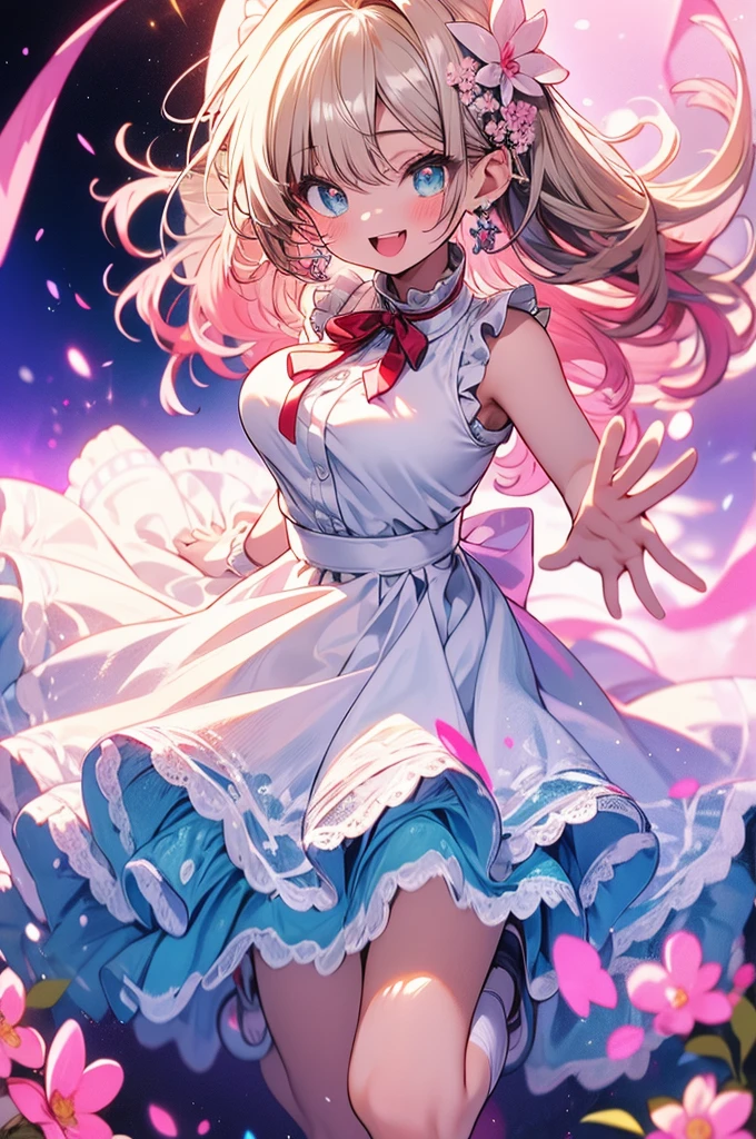 A beautiful girl dancing happily in a flower garden, anime girl, (20 year old girl), Kinomoto Sakura, pink blouse with a high neck with ruffles, sleeveless, white mini skirt with ruffles, her skirt is lifted, turquoise lace panties, her panties are visible, beautiful legs, sneakers, white socks, big round breasts, hairclip, hair flower, glowing eyes, pupils sparkling, crystal earrings, open mouth, smile, blush, tongue, expressions, naughty face, glossy lips, upper teeth, high detail, anime, anime style, depth of field, cinematic lighting, dithering, image fill, out of frame, multiple views, three-quarter angle, wide shot, perspective, Wide-Angle, f/1.8, 85mm, Sony FE GM, 8k, super detail, UHD, retina, masterpiece, accurate, anatomically correct, textured skin, high details, best quality, highres, 16k