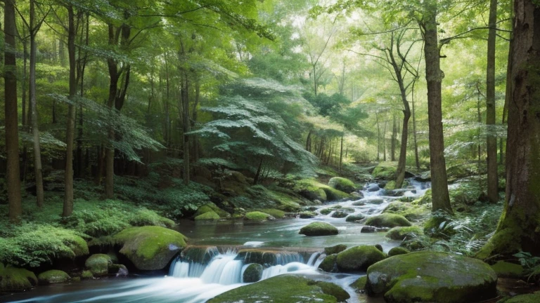 In a fantastic forest、Clear springs 、Beautiful landscape painting、 green became the base tone