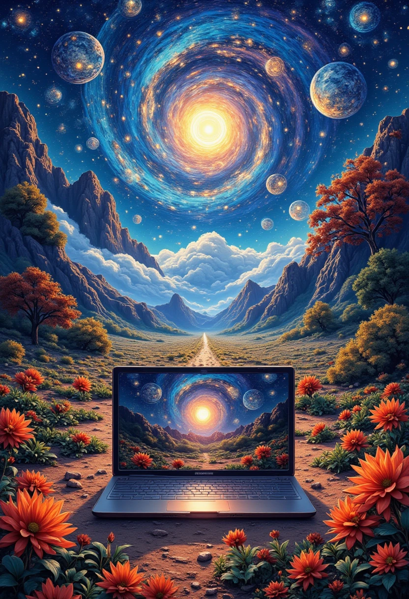 Laptop Computer, poster design, creative national style illustration, interstellar, smart notebook, time and space tunnel woven by data, bronze body, symphony of the universe, CGI special effects style, immersive visual feast, panorama, depth of field, master works, extreme detail, ultra high definition, 8k resolution,