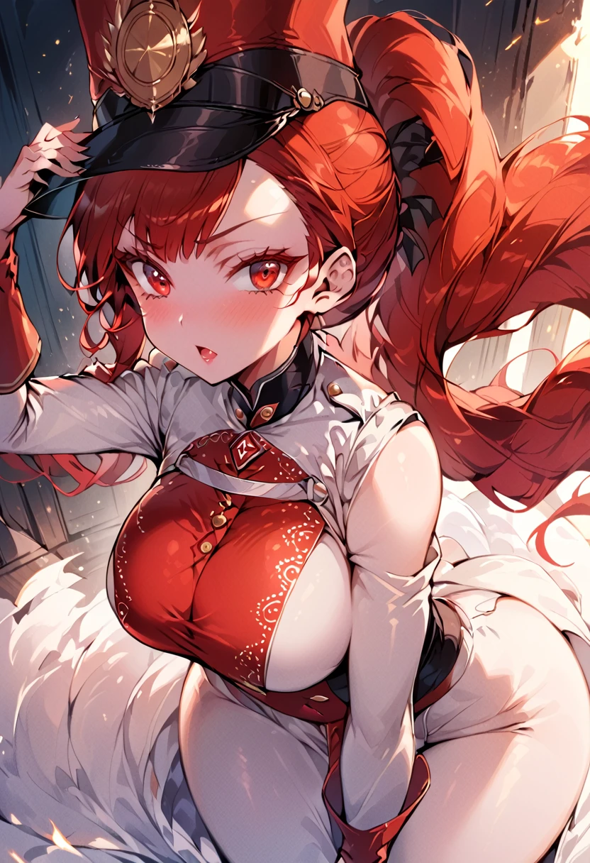 A woman, smooth skin,  white skin, big eyes, long eyelashes, Wide hips, ( The best quality ),  masterpiece, crimson red hair , Milf, mature woman, (Early Modern Soldier ) , ( she's wearing a military general's uniform), (She is wearing a bicorn hat), (She has a sword ) , (ultra high Bloom), (High quality Shaders), (shadows), (Ultra shadow quality), ( in an old room),