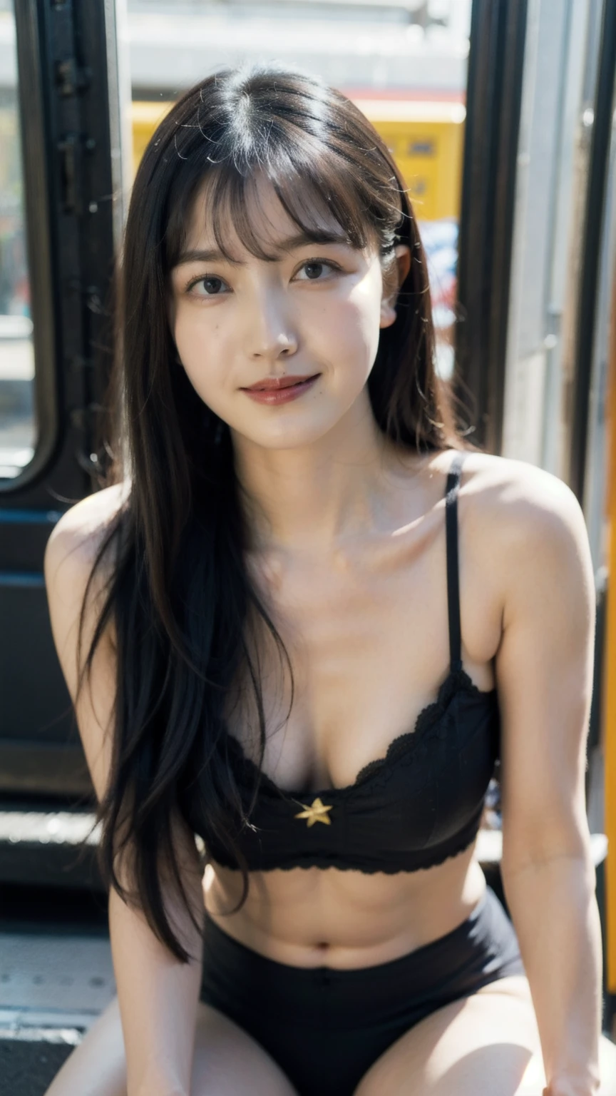 realistic photos of (1 cute Korean star) flipped hair, thin makeup, big breasts, sexy erotic tiny string of G-string lingerie, at the train station, clear facial features of Canon EOS, 16k, high resolution, sharp and realistic details, overexposure, cut-in, UHD, high res, best quality, 3/4 body, little smile, (sweating), ((long hair))