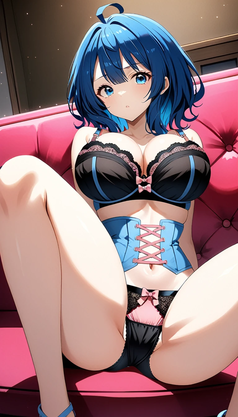 Score_9, Score_8_up, Score_7_up, source_anime, annayanami, annayanami, medium hair, blue eyes, ahoge, blue hair, large breasts, bra, black bra, lace bra, corset, pink corset, navel, panties, black panties, lace panties, emphasis breasts, (binding arms with ropes:1.1), angry, look at viewer, sitting sofa, room, spread legs, best quality, ultra-detailed, high resolution, 8K, detailed underwear,