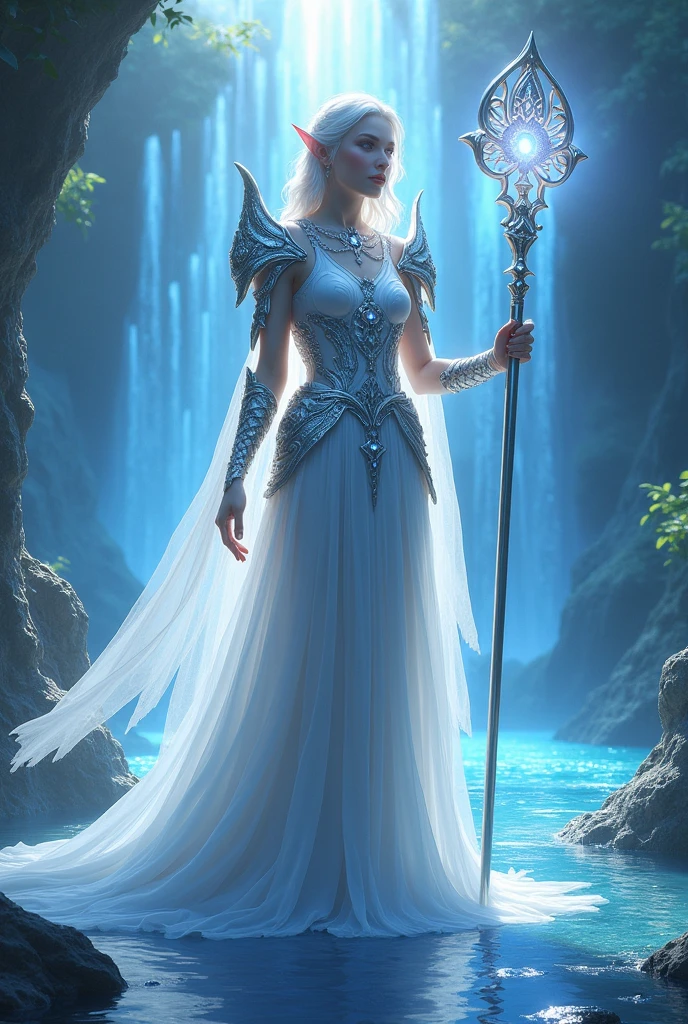 Epic Fantasy artwork, a breathtaking sketch featuring a female water genasi cryomancer, confidently poised upon the tranquil surface of serene waters, skillfully wielding an intricately designed staff radiating with shimmering magical energies, her regal robes adorned with beautiful carvings and flowing gracefully around her, capturing the essence of the aquatic realm, illuminated by a divine blue glow that enhances her mystical presence, casting an entrancing light across the water, silver hair cascading down her back in flowing waves, echoing the rhythm of the ocean's ebb and flow, her loyal companion, a majestic white owl, either perched elegantly upon her shoulder or gently resting on her hand, eyes gleaming with wisdom and loyalty, the atmosphere rich with an aura of magic and tranquility, inviting viewers to delve deeper into this captivating fantasy tableau, the composition thoughtfully arranged to emphasize her powerful stance against the tranquil backdrop of nature's beauty, encapsulated in a strikingly detailed studio-quality that breathes life into the Dungeons & Dragons universe, showcasing the enchanting narrative of magic, adventure, and profound connections within this epic fantasy setting