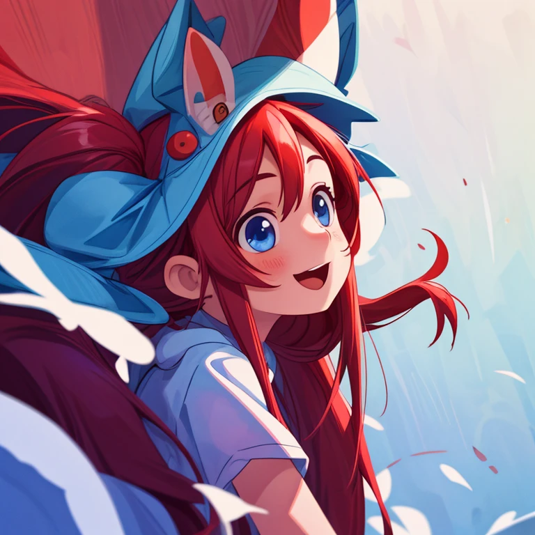 masterpiece, best quality, cinematic photo of Smile, red long hair, two ponytails, blue eyes, bunny hat













, photograph, film, highres, 