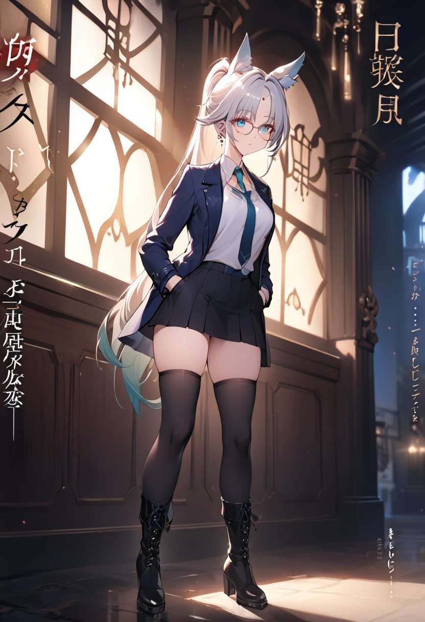 a woman wearing a french coat, shirt and tie, short skirt, black stockings, and boots, hands in pockets, beautiful detailed eyes, beautiful detailed lips, extremely detailed eyes and face, long eyelashes, 8k, high quality, cinematic lighting, elegant, fashionable, moody atmosphere, dramatic lighting, elegant pose, 4k, 8k, uhd, hdr, detailed background,mature female, wearing square glasses, full body, eixiao, animal ears, long hair, ponytail, gradient hair, white hair, blue eyes, forehead jewel, ear piercing, hair ornament, Magazine cover, adult female , mature female, whole body, cleavage, anime cover, magazine
