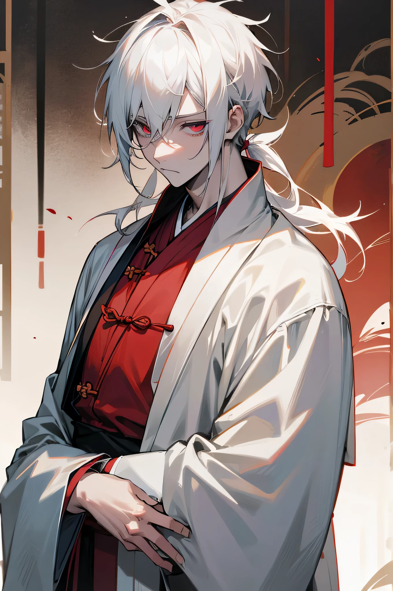 1boy, grey hair, long hair, hair in ponytail, black eyes, grey kimono, calm, tired, tall, grey clothes, face shot, face, sharp eyes, black eyes, missing left eye, left eye covered, missing left eye