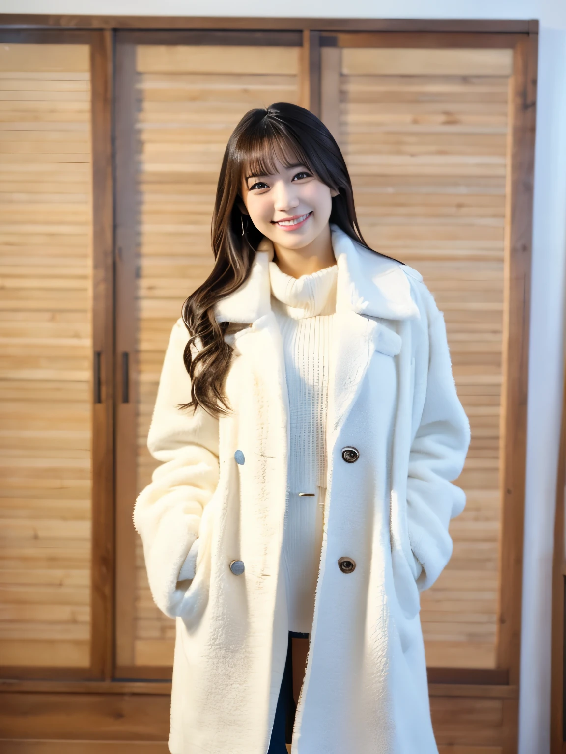 Best-quality, Masterpiece, Ultra-High-Resolution, (Photorealistic:1.4), Raw-Photo, 1girl, the most famous Japanese idol, wearing winter-coat, hands on hip, innocent-smile, extremely beautiful skins, extremely beautiful big-eyes, extremely beautiful hair, extremely cute face like the most popular Japanese idol, extremely beautiful long-eyelashes, extremely beautiful lips