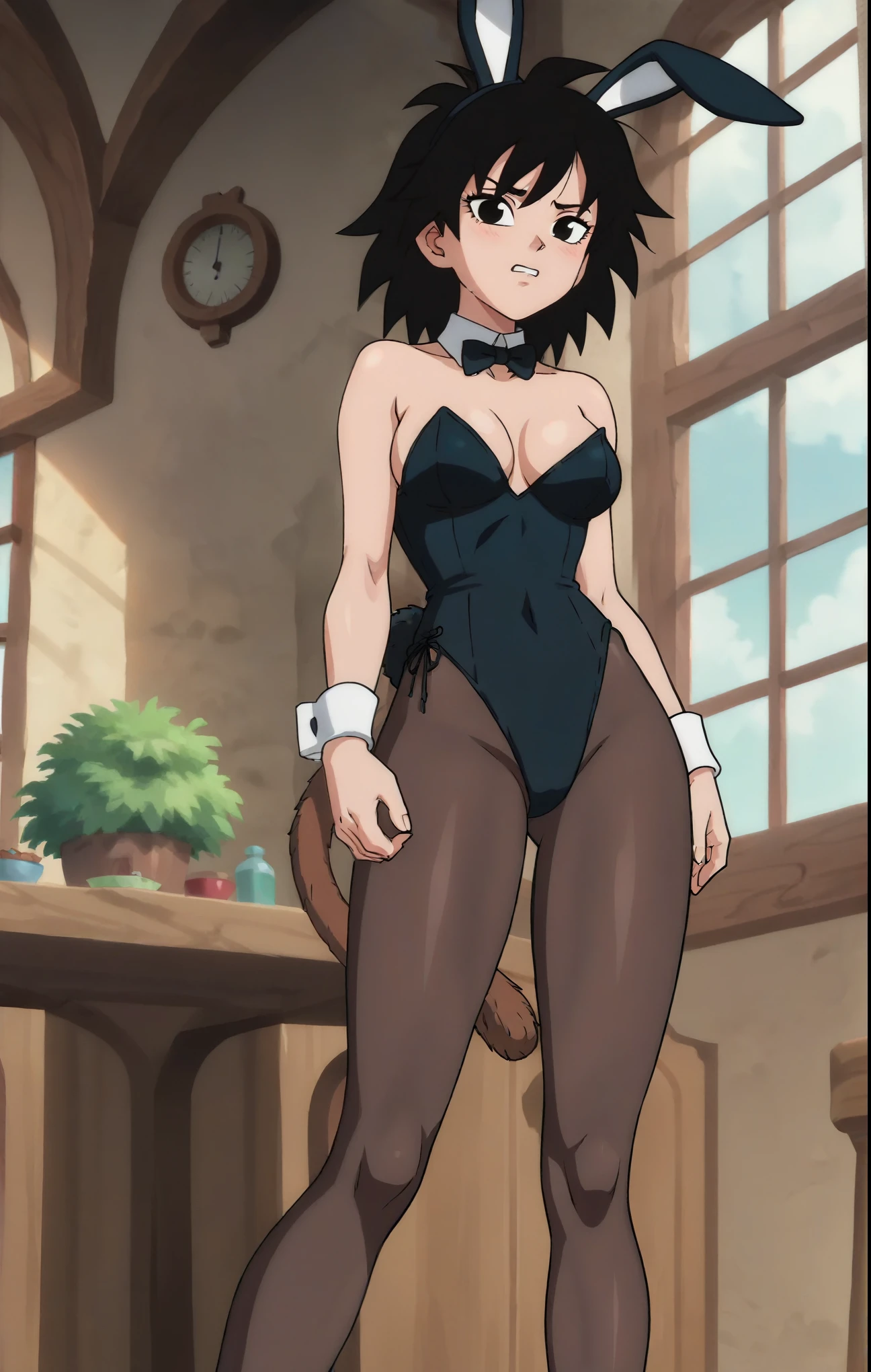 source_anime, score_9, score_8_up, score_7_up, anime screencap, absurd res, official style, gine, black hair, medium hair, spiked hair, black eyes, playboy bunny, mansion, indoors, tail through clothes, monkey tail, looking at the viewer