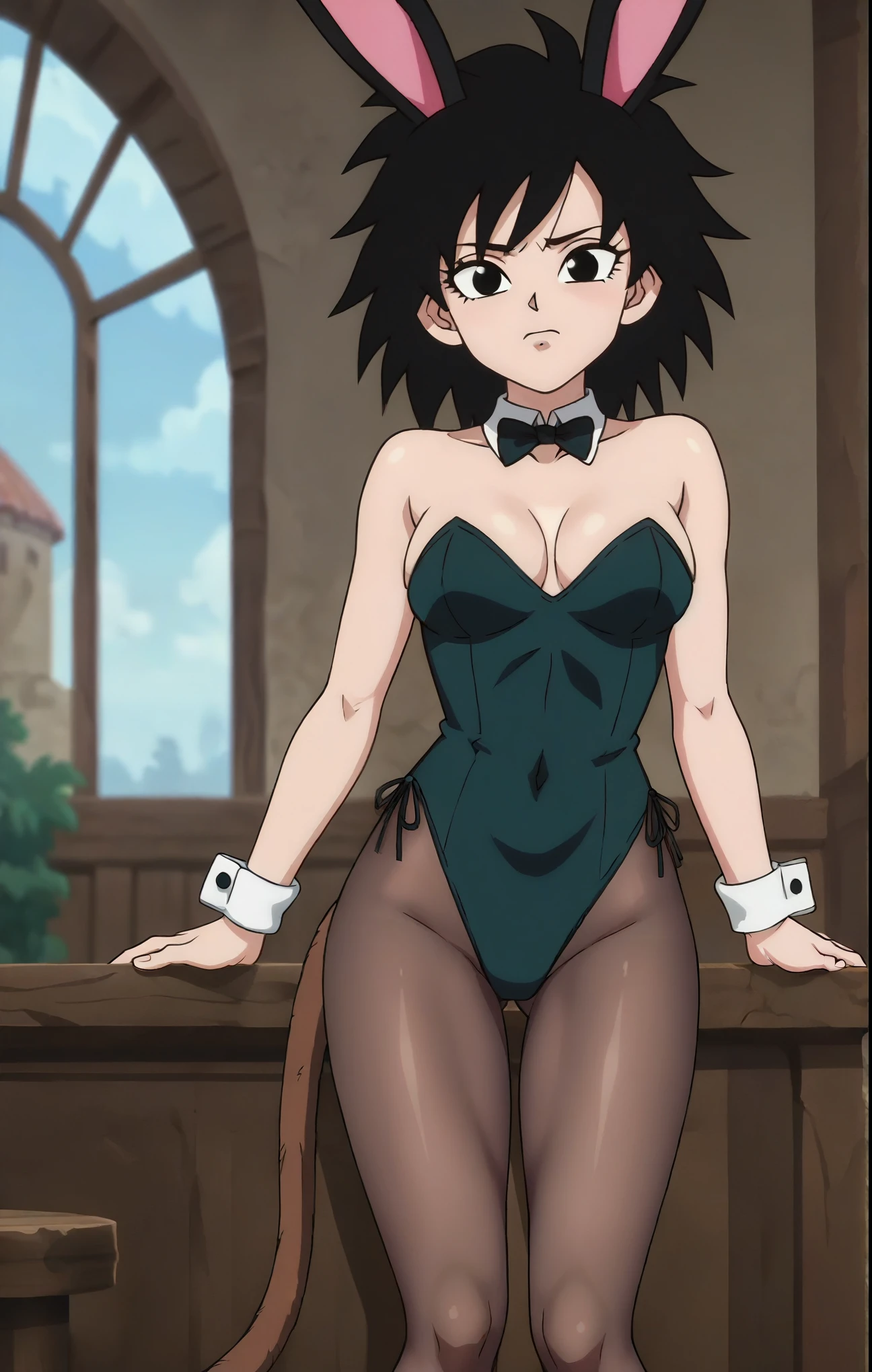 source_anime, score_9, score_8_up, score_7_up, anime screencap, absurd res, official style, gine, black hair, medium hair, spiked hair, black eyes, playboy bunny, mansion, indoors, tail through clothes, monkey tail, looking at the viewer