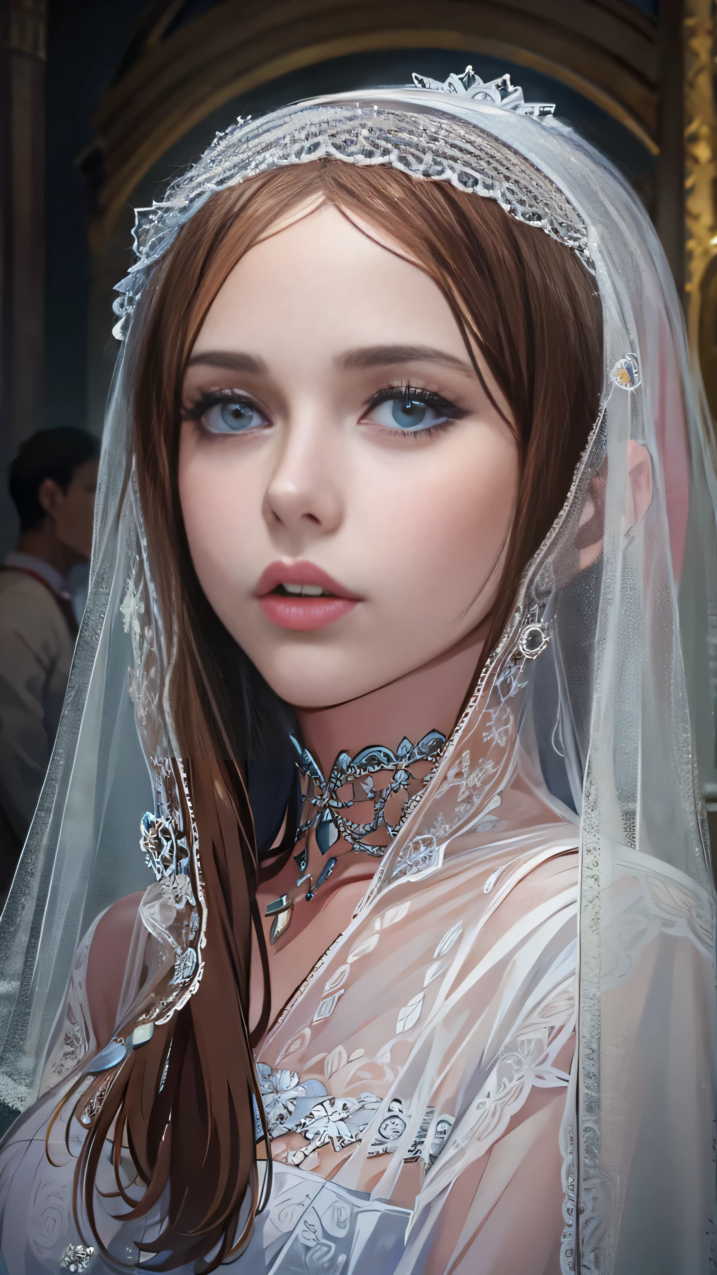 With high definition images，Head veil, White Veil, Chestnut Hair, Grey White, Gubes&#39;s art style, Beautiful girl, Facial details, White eyeballs, White Eyes, national style, Inside the church